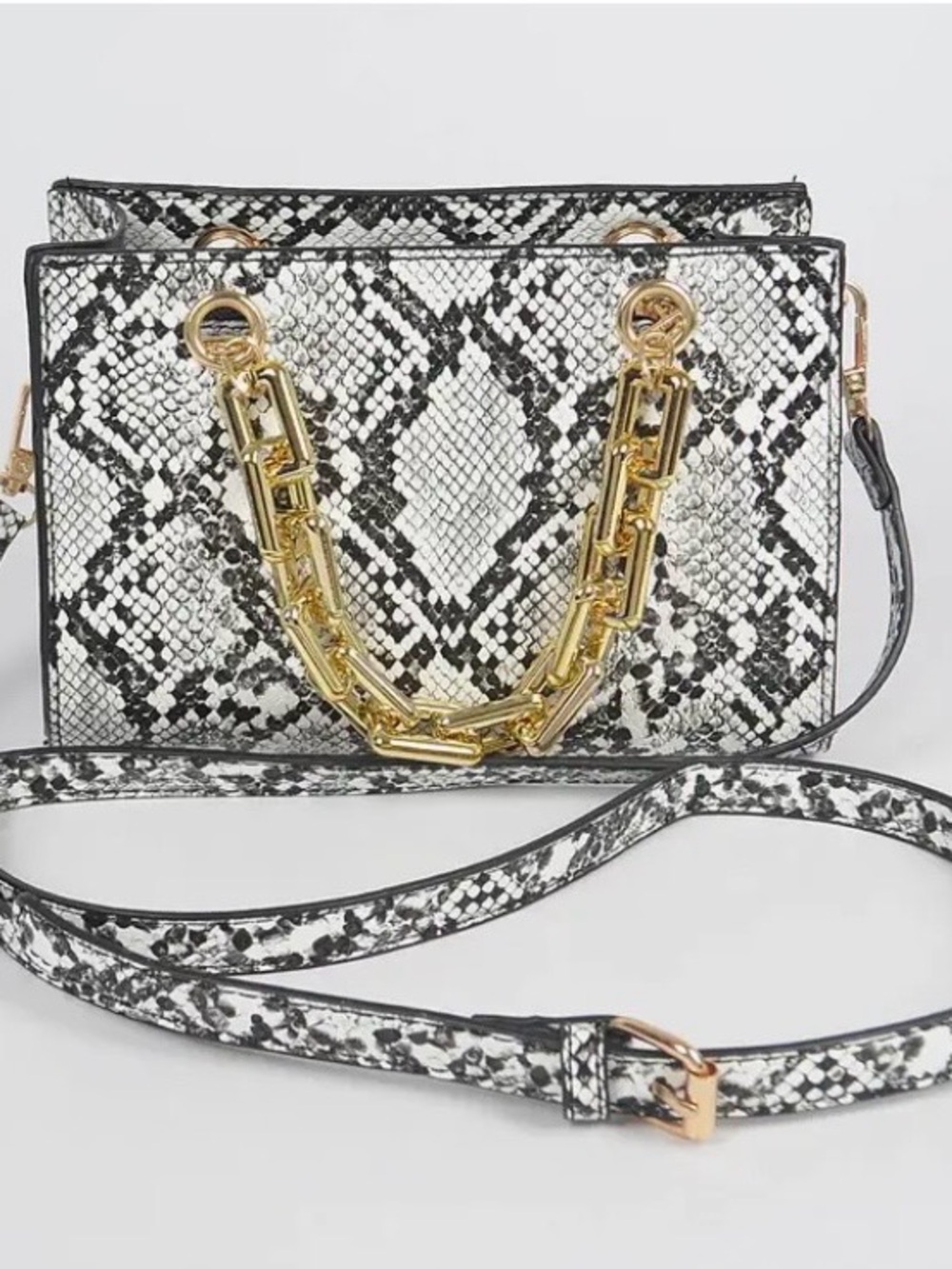 Snake-Print Crossbody Bag with Gold Chain